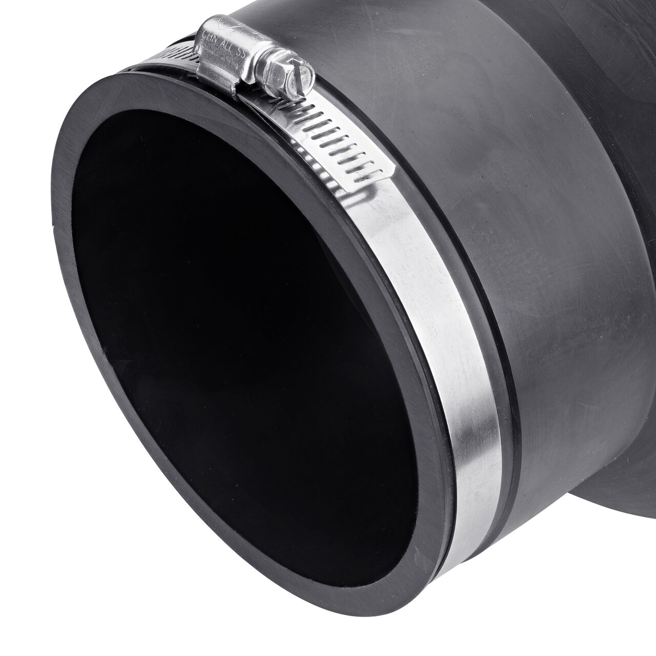 Closeup view of the small end on the NDS 6 in. X 4 in. flex coupling connects two cast iron/sewer and drain or DWV/copper/steel/lead pipes (NDS 56-64)