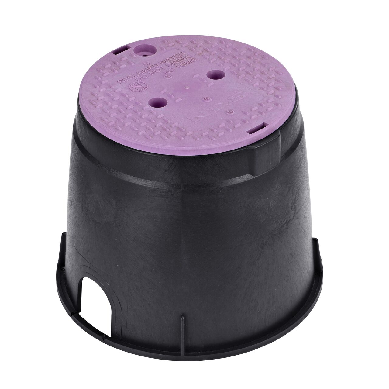 The NDS 10 in. Round Standard Series Valve Box and Cover is an 10 in. high black box and purple cover with reclaimed water markings on the lid (NDS 111BCR) that protects underground irrigation and sprinkler system components and keeps them out of sight