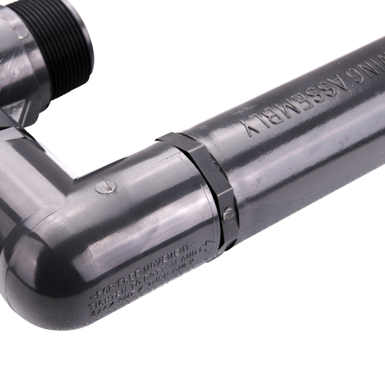 Closeup view of the NDS PVC Triple Swing Joints Assembly, Sch. 80 1-1/2 in. MPT shows a rotating elbow that is ideal for placing sprinklers in narrow or uneven areas that the pipeline can’t reach (NDS TSA-1500-TT)