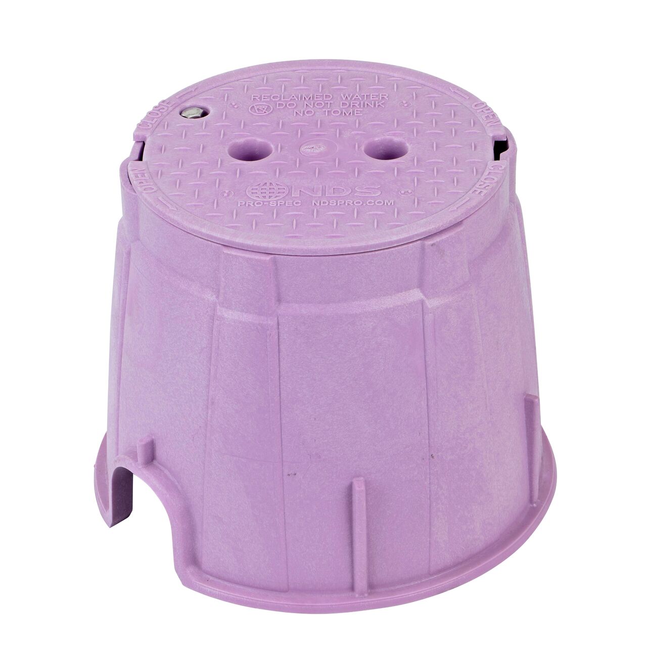 The NDS 10 in. Round Pro-Spec® Series Valve Box, Cover, with Bolt is a 10 in. high Purple Box and Purple Cover with Reclaimed Water markings on the lid (NDS 312PBCBR); protect underground irrigation and sprinkler system components and keep them out of sight