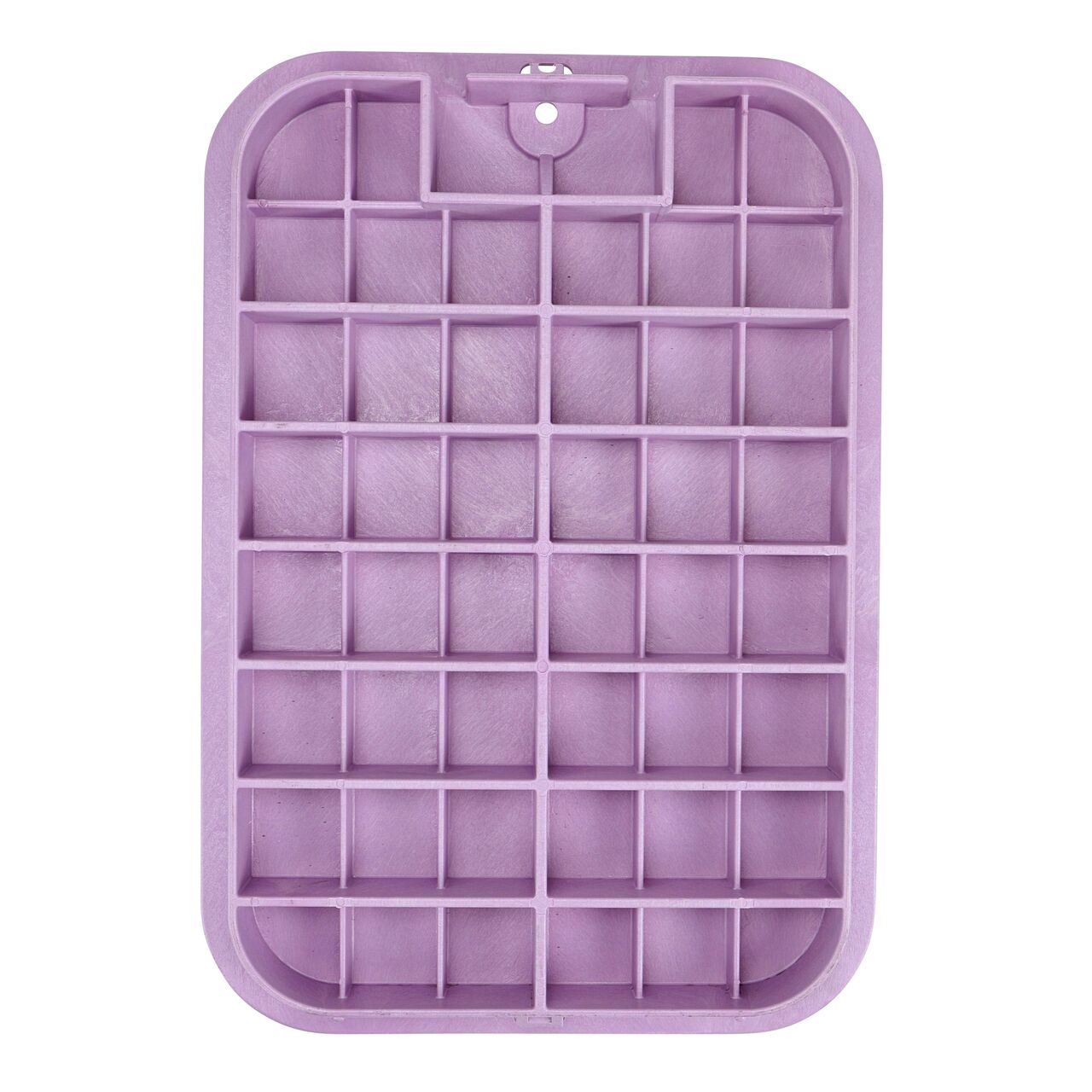 Top down view of the underside of the Purple Reclaimed Water cover (NDS 117CR) for the NDS 13 X 20 in. Rectangular Standard Series valve box showing reinforcing ribs that help support pedestrian and lawn care equipment