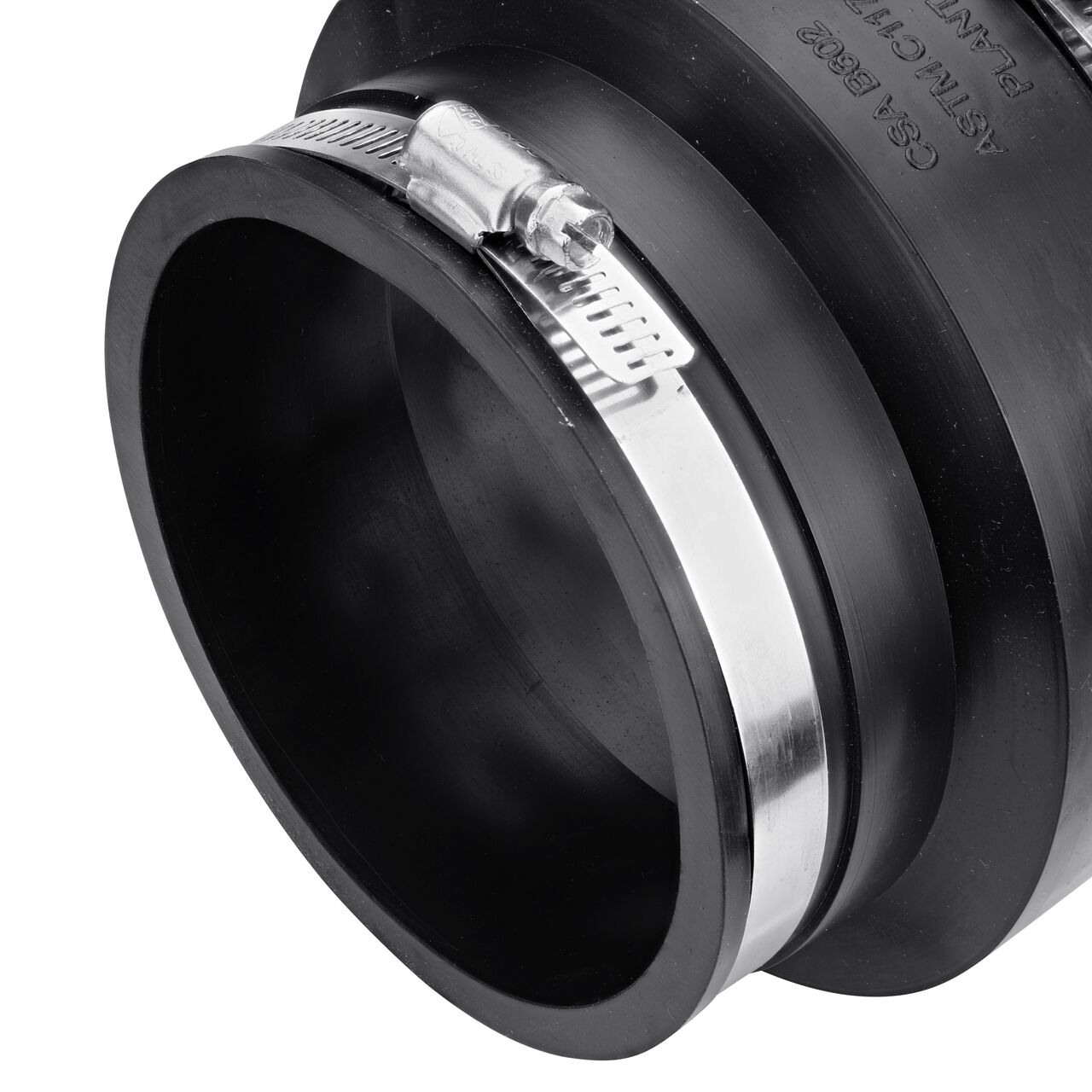 Closeup view of the small end on the NDS 4 in. flex coupling for concrete pipe to cast iron or plastic pipe (NDS 06-44)