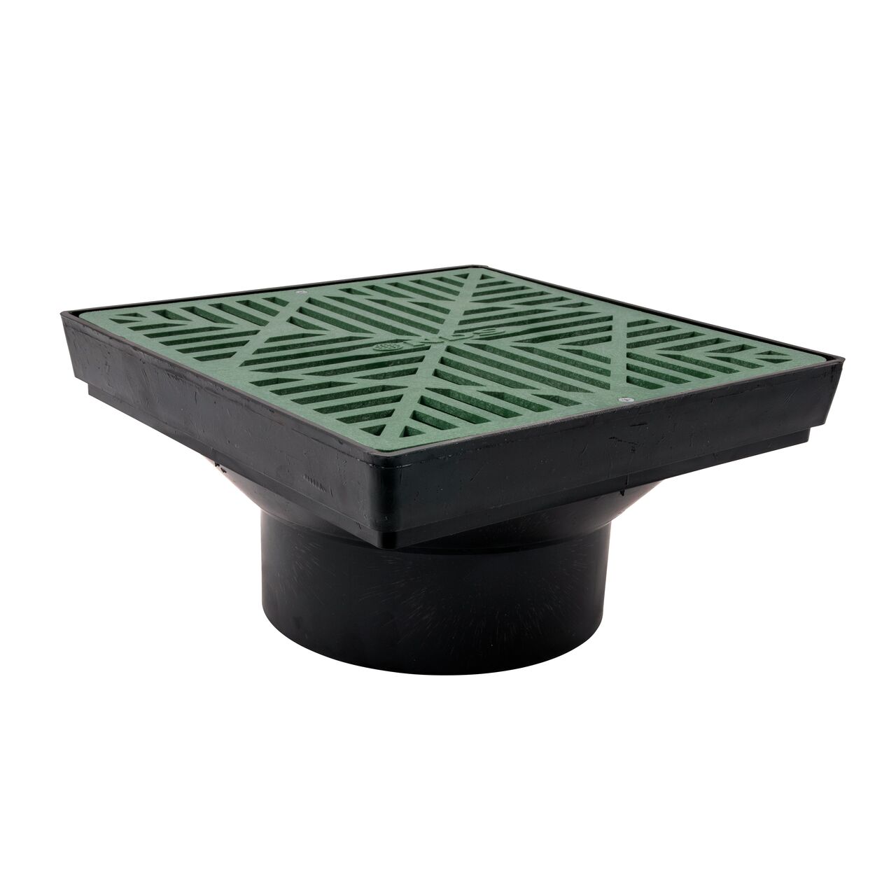Side view of the NDS 12 in. Square Low-Profile Adapter (NDS 1221, NDS 1222) with a 12 in. square green drain grate (NDS 1212*) installed on top, retail
