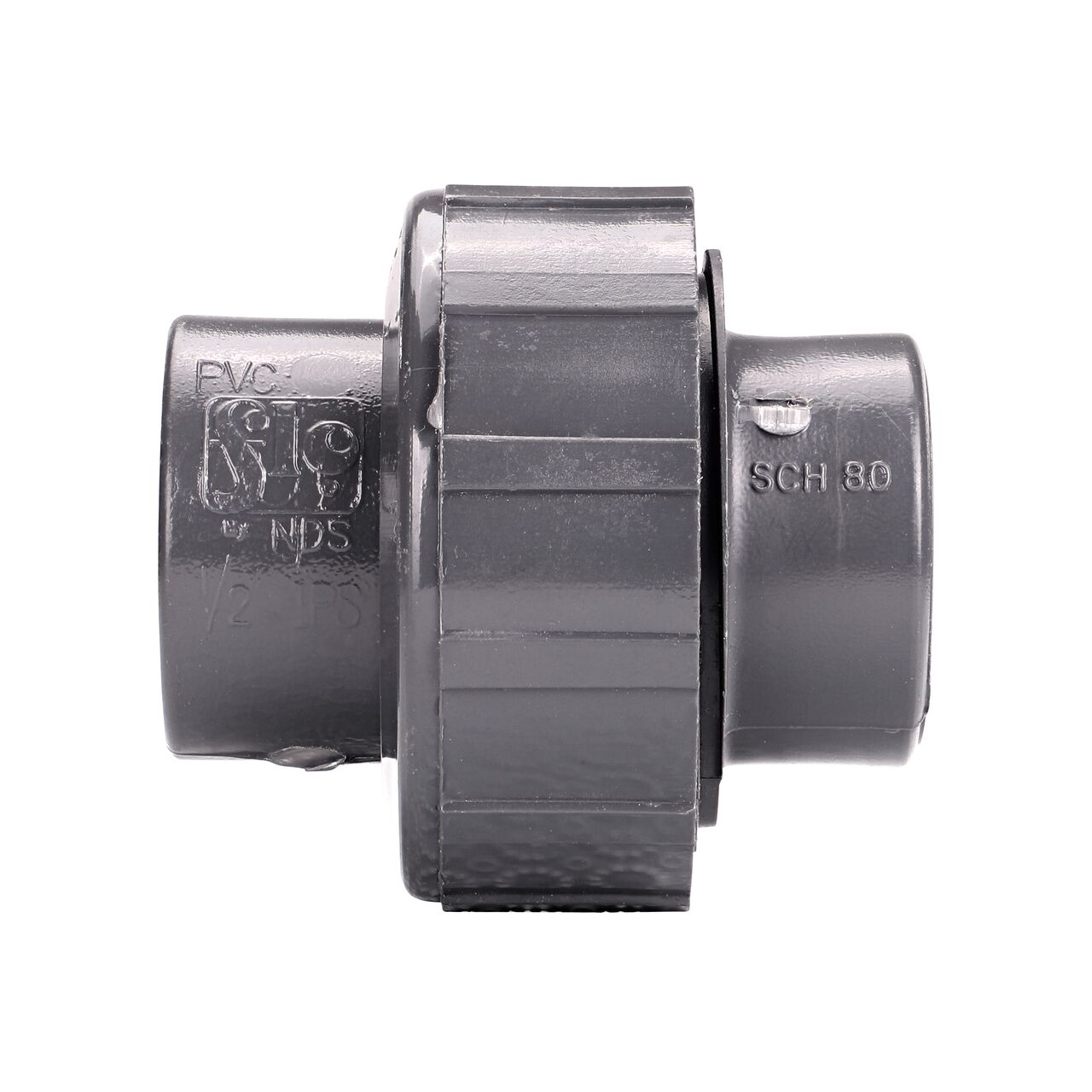 Side view of the NDS 1/2 in. PVC Union (NDS U-0500-T) shows both threaded ends and a pull-apart feature to quickly disconnect from pipes