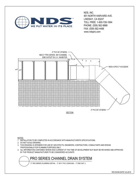 NDS 5 in. Pro Series™ Channel Drains 3 in. End Outlet Connection Installation Detail