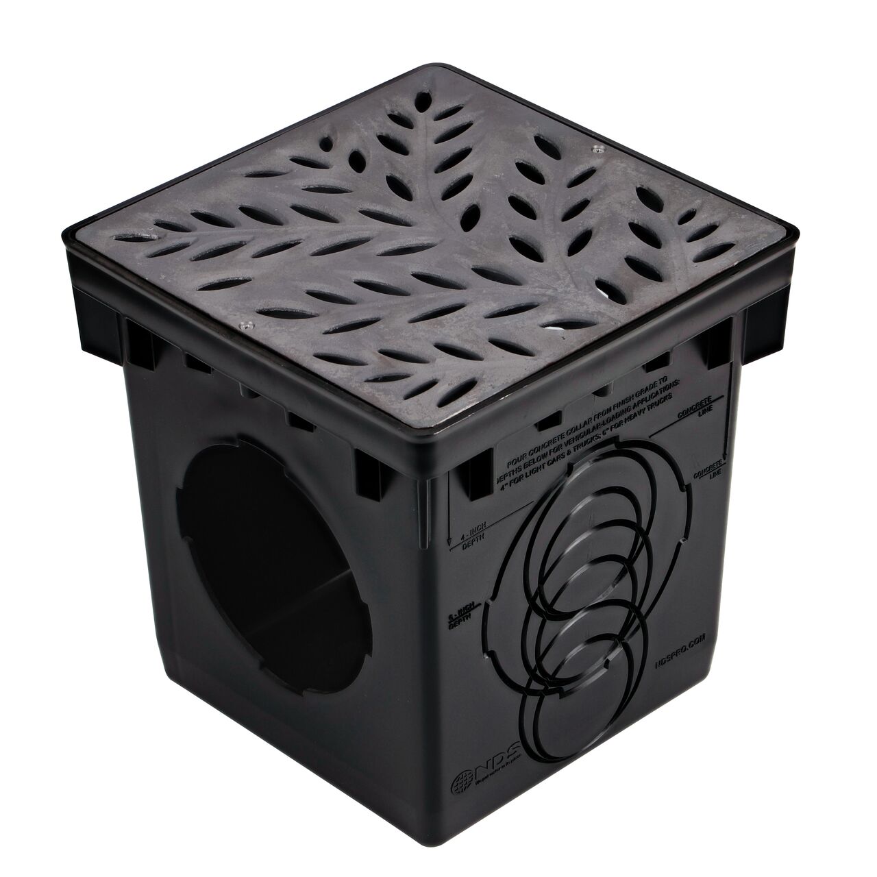 The NDS 12 in. Cast Iron Square Catch Basin Drain Grate with a Decorative Botanical Design (NDS 1218CI) fits on a NDS 12 in. Square Catch Basin (NDS 1200)