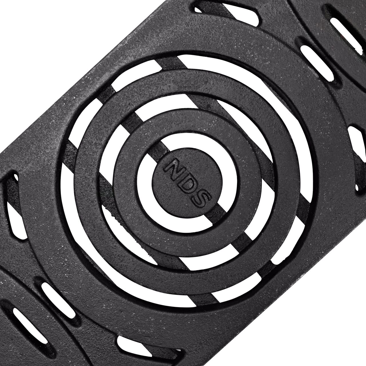 Angled View of the ductile iron decorative Ville Slot design Dura Slope™ Channel Drain Grate (NDS DS-612-VILLE)