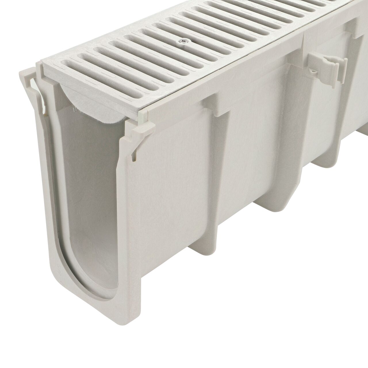 Closeup groove (female) side of the NDS 10.38 in. to 10.71 in. Deep Dura Slope Channel Drain (NDS DS-110) with the Standard Dura Slope Light Gray Grate installed (NDS 661LG)