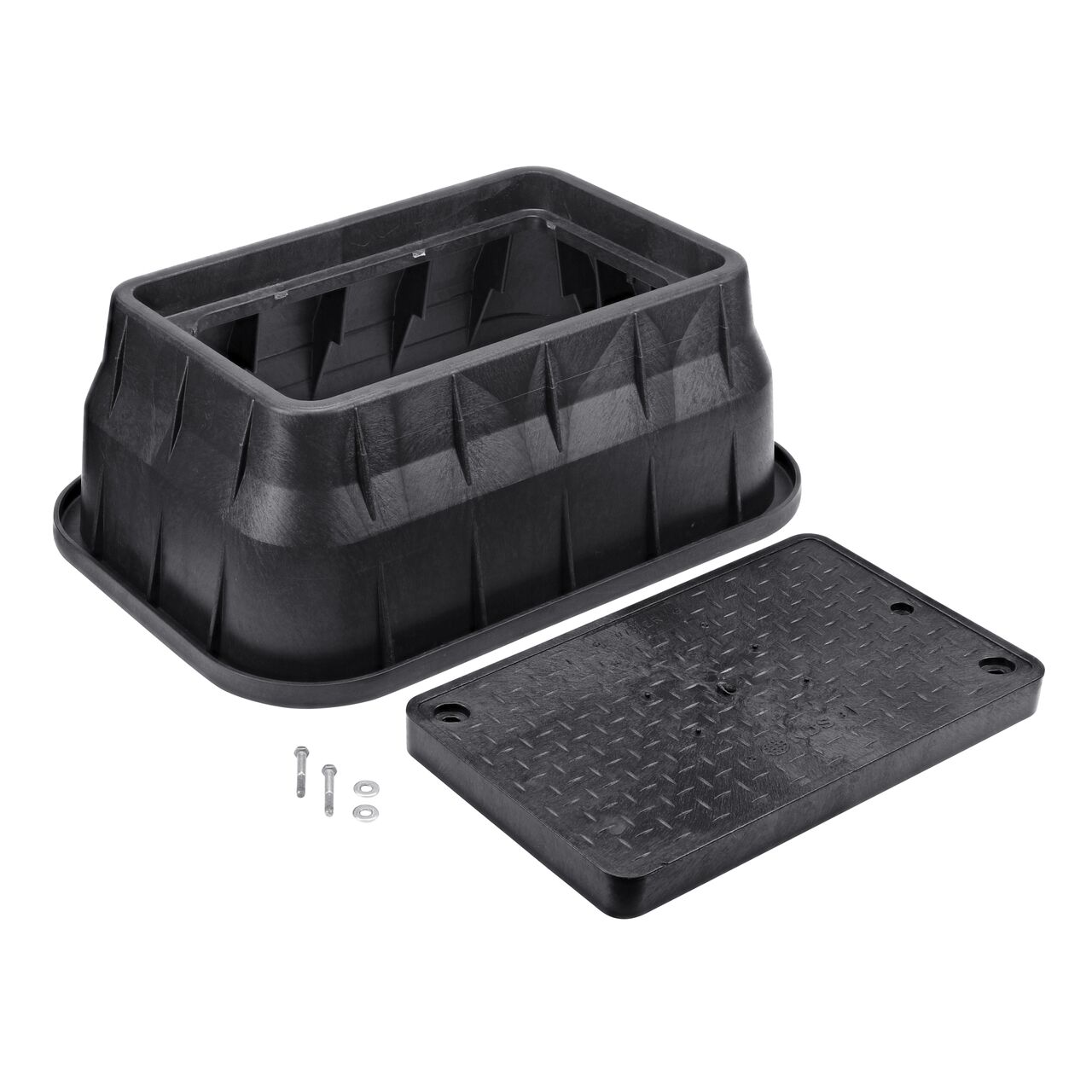 Unassembled View of the NDS 13 in. X 24 in. Black Rectangular Pro Series Meter box, bolt, and Black Water Meter Drop-in cover (NDS 121BCDWB)