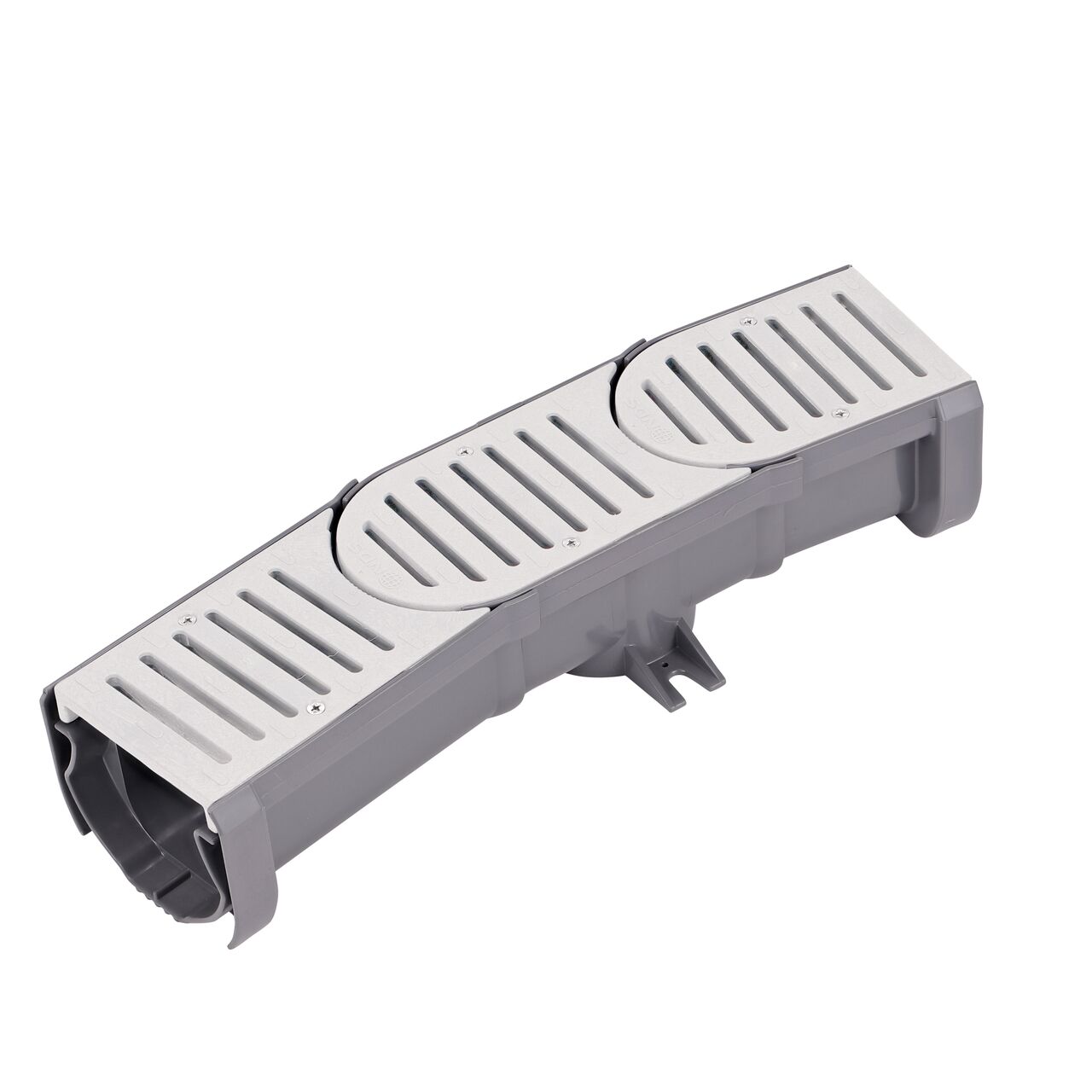 Bend the NDS Spee-D® Contour™ Channel Drain (NDS 400-ACSE-WH, NDS 400-ACM-WH) sections outward with the pivot joint that provides 0 to 9 degrees of angular motion to rotate sections to the desired angle