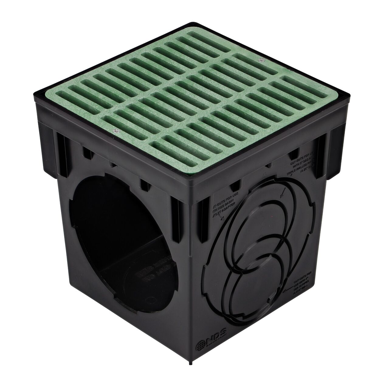 The NDS 9 in. Square Catch Basin Drain with 2 Openings (NDS 900) with a green 9 in. Catch Basin Drain Grate installed (NDS 990)