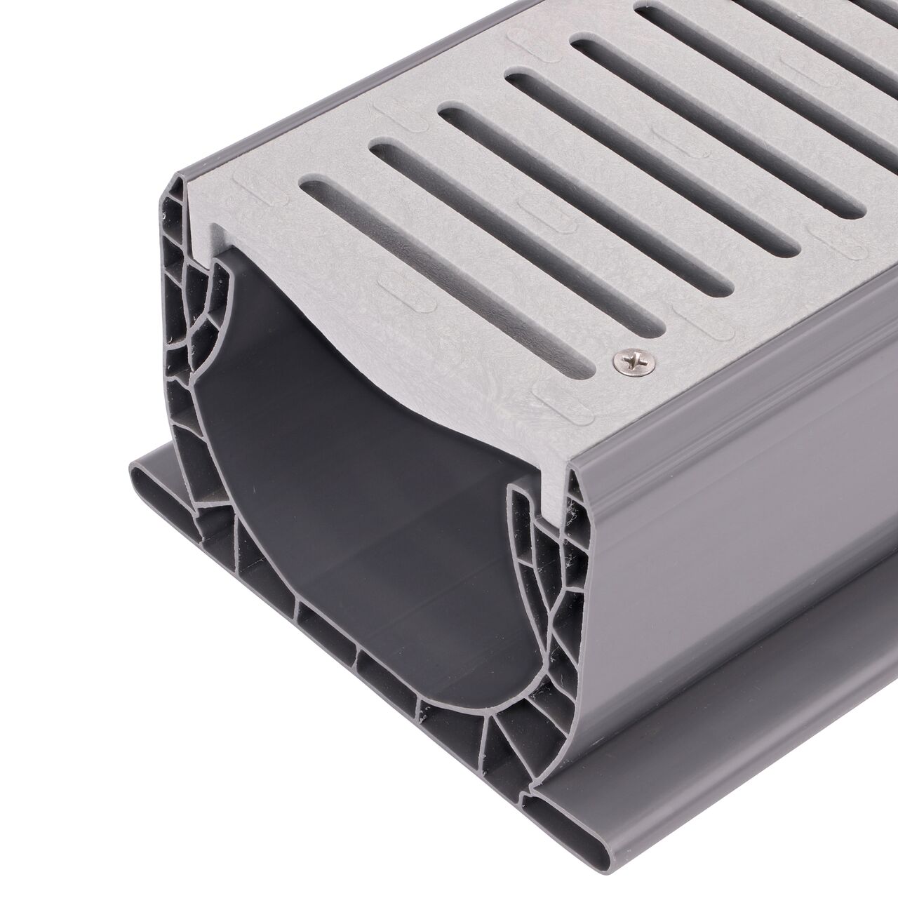 Closeup View of the Spee-D® Channel Drain Assembly with Channel & Prefastened Gray Plastic Grates (NDS 400-10WH)