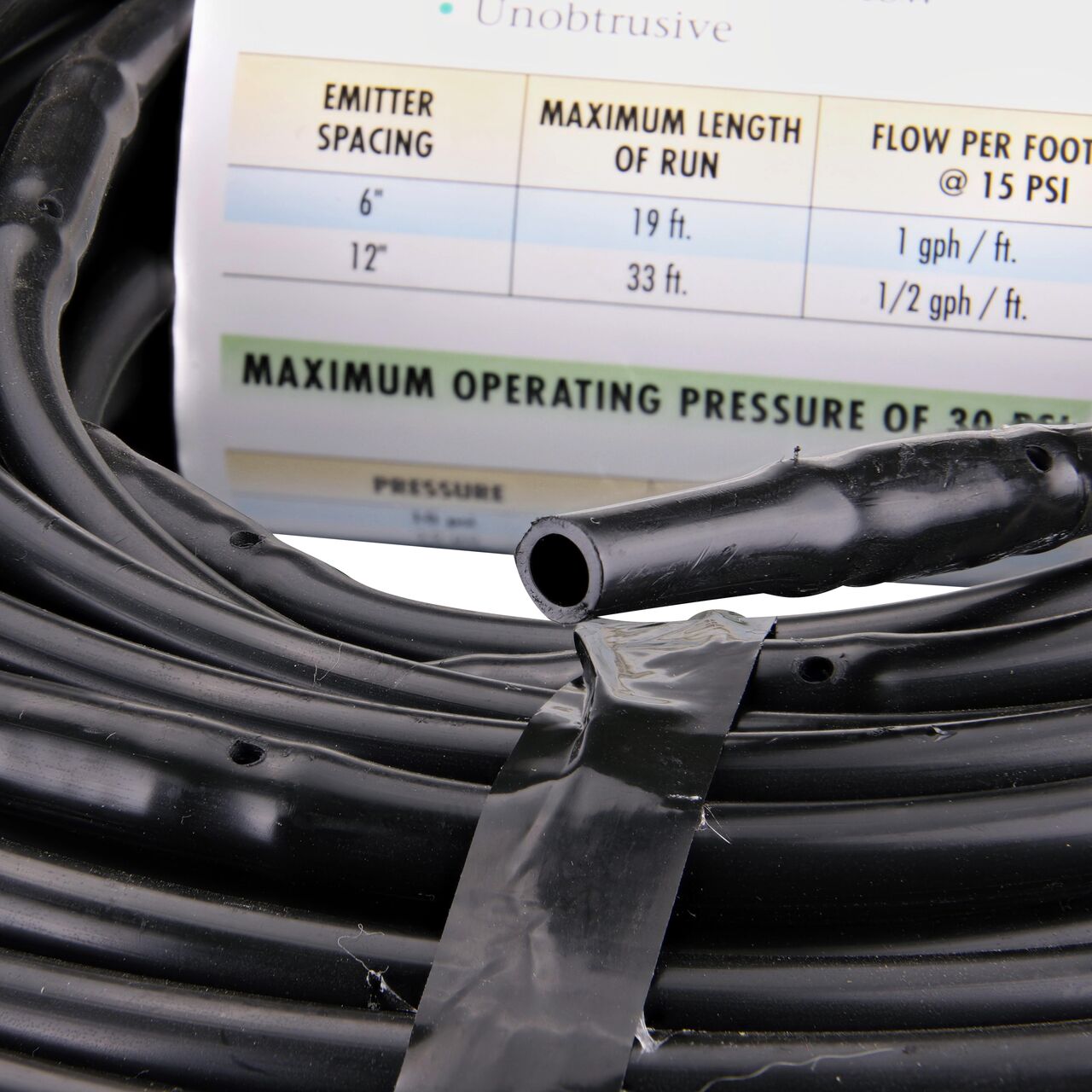 Closeup of inside end to show how to pull out the dripline of the NDS Black 100 ft. 1/4 in. Dura Flo™ JR Dripline with 12 in. spaced 0.5 GPH Non-Pressure Compensating Emitters (NDS SFJR-BL-12-01)