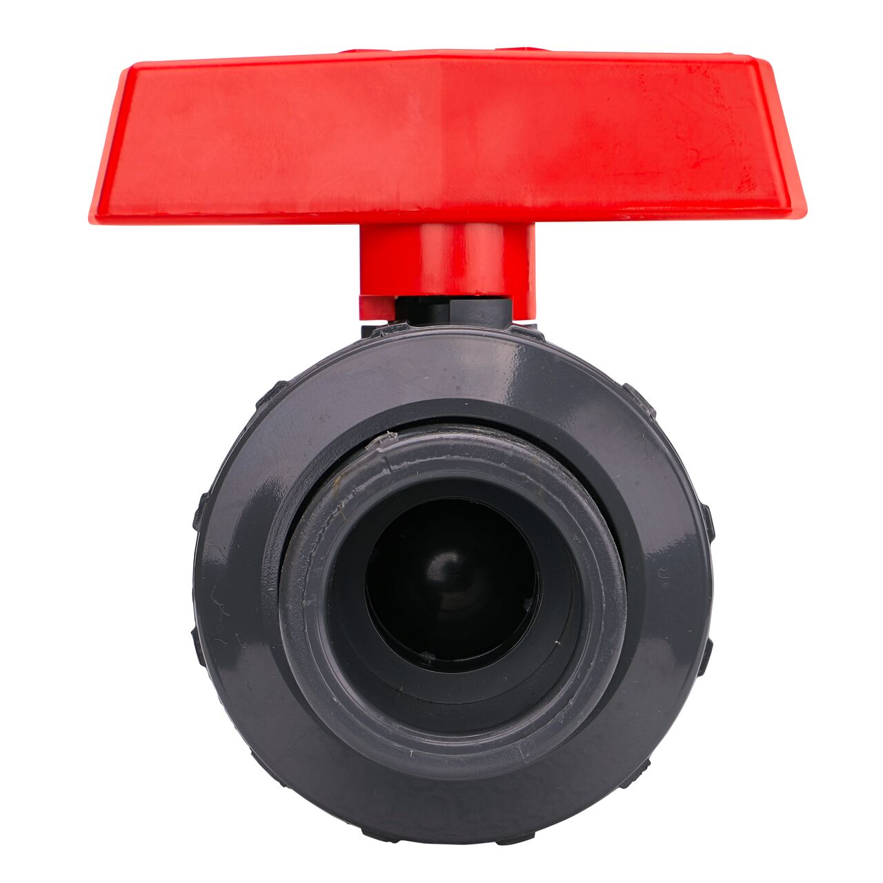 The 1 in. PVC Slip & Threaded True Union Ball Valve (NDS BTU-1000-E) shown with the connection end attached with the handle in the closed position to show how ball valve provides a shut off point in the system