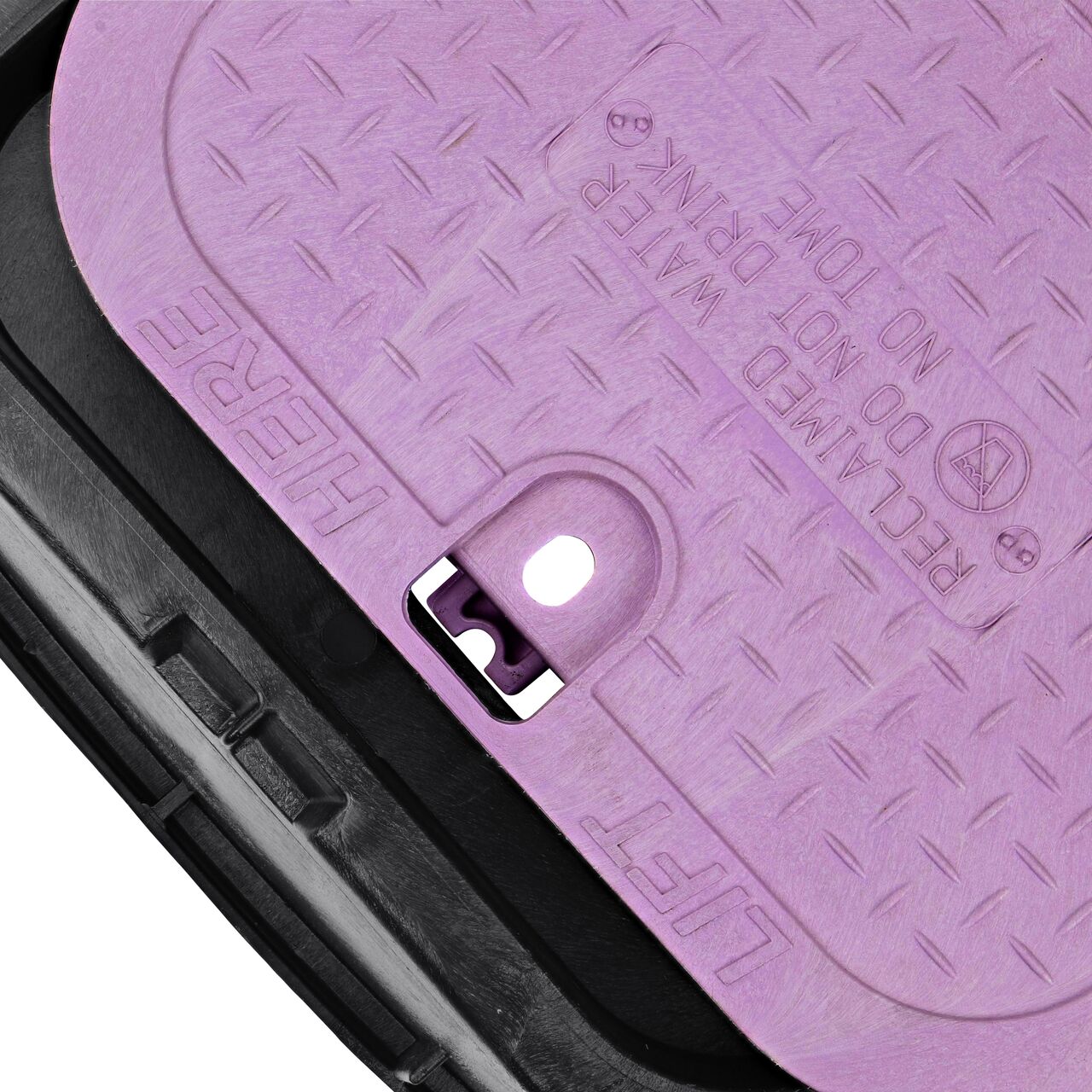 Align the bolt hole on the lid with the bolt hole from the NDS 14 X 19 in. Rectangular Standard Series Black Box Extension and Purple Reclaimed Water Cover (NDS 115TBCR) for a secure fit