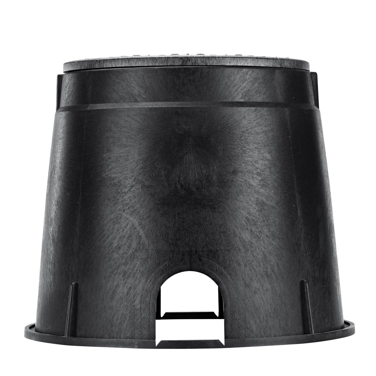 Side view of the shorter width side of the NDS 10 in. Round Standard Series Valve Box & Water Cover (NDS 111BCW) rugged enclosure that features a pipe hole for water and irrigation pipe connections
