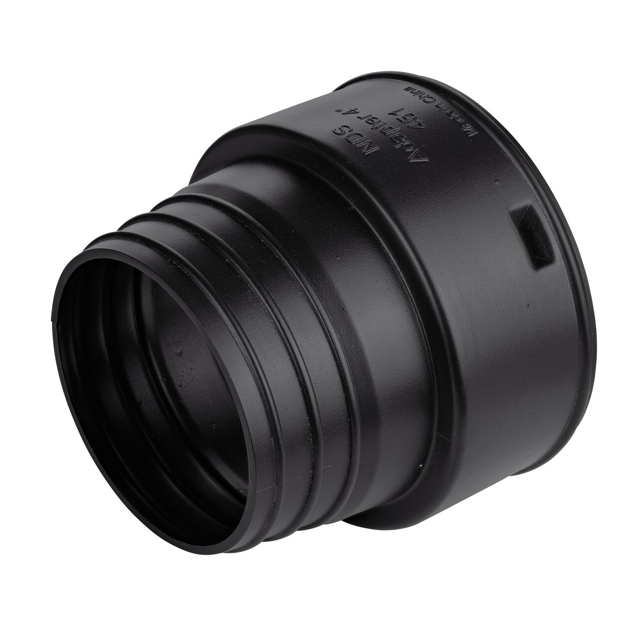 The 4 in. S&D connection end of the High-Density Polyethylene Corrugated Adapter which connects 4 in. Drain Pipes & Fittings to 4 in. Hub (NDS 451, 451*, M451)