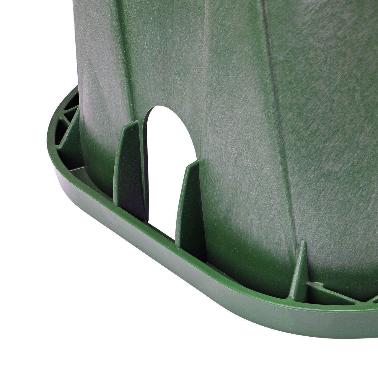 Closeup view of the pipe hole on the Green NDS 14 in. X 19 in. Rectangular Pro-Spec® Series Valve Box (NDS 314BCB) for water and irrigation pipe connections