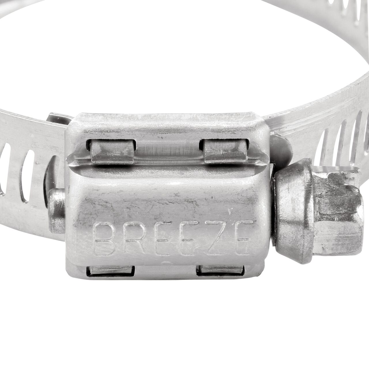 Closeup view of the two-piece clamp housing made of Series 300 Stainless Steel on the NDS SAE 24 Worm Drive Hose Clamp with Aero Seal 1/2 in. band width (NDS 64024H)