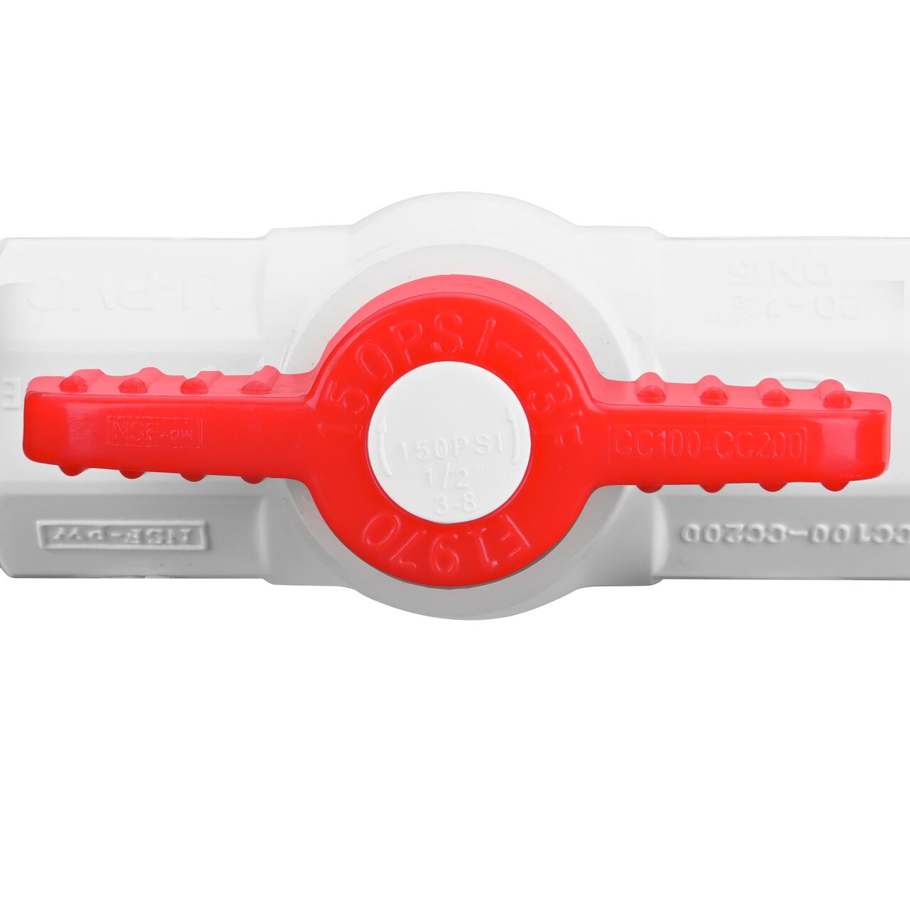 A closeup of the NDS IPS Ball Valve shows that the product can fits 1/2 in. IPS pipes in an irrigation or other pressurized system  (NDS E1410-05)