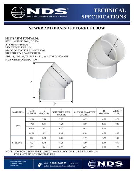 NDS S&D 45° Elbow Hub X Hub Tech Spec