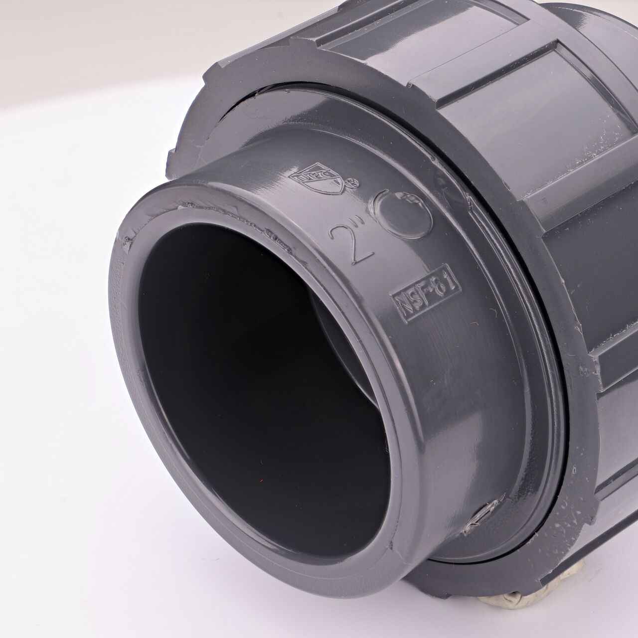 Closeup view of one slip end on the NDS 2 in. PVC Union (NDS U-2000-S) which provides a corrosion-free connection between pipes and prevents costly property damage