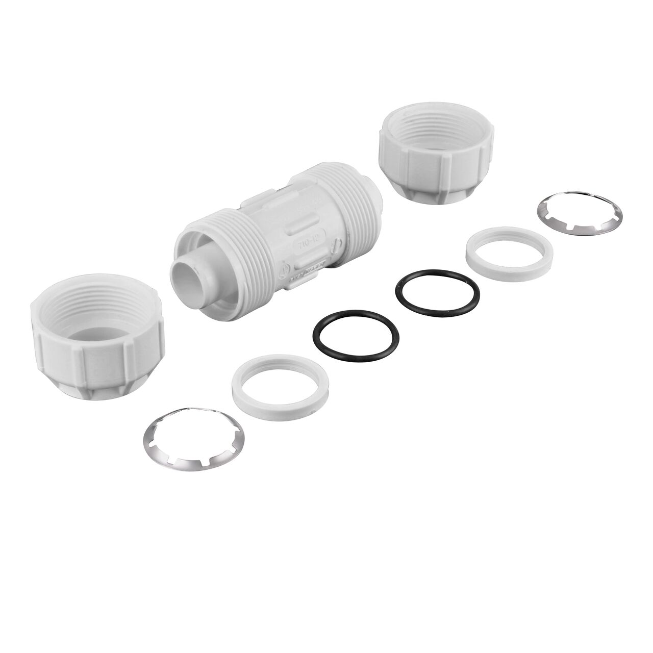 The NDS 1-1/4 in. SDR-9 CTS Flo-Lock™ Gripper Coupling fully unassembled showing the steel gripper, EPDM O-Ring, and stiffner (NDS 710-12)