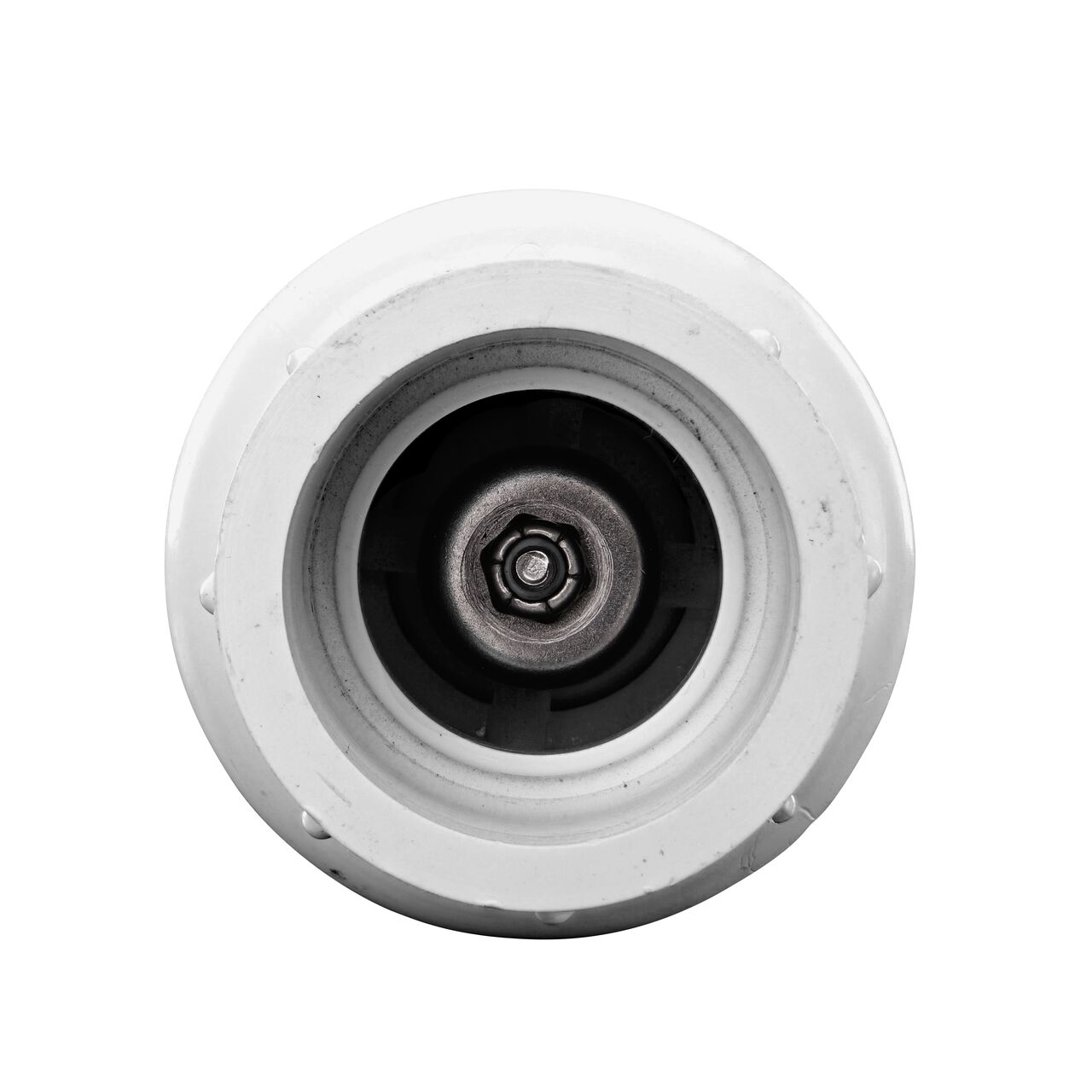 View of the adjustable nut within one slip end of the NDS White 2 in. IPS Slip by Slip end PVC Adjustable Spring Check Valve with 4-1/4-17 lb. Spring (NDS 1225-10)