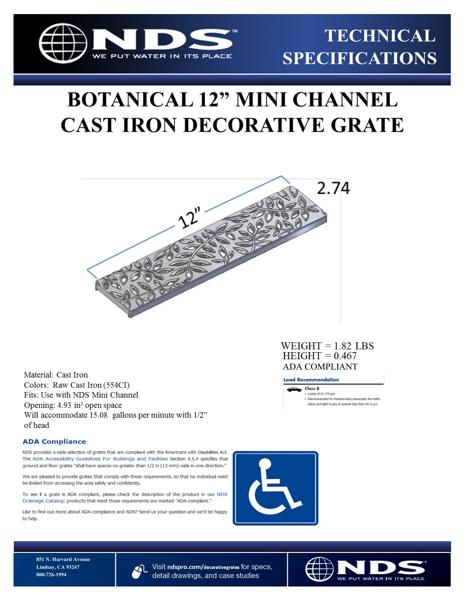 NDS Mini™ Channel Drain Grate with Cast Iron Decorative Botanical Design Tech Spec
