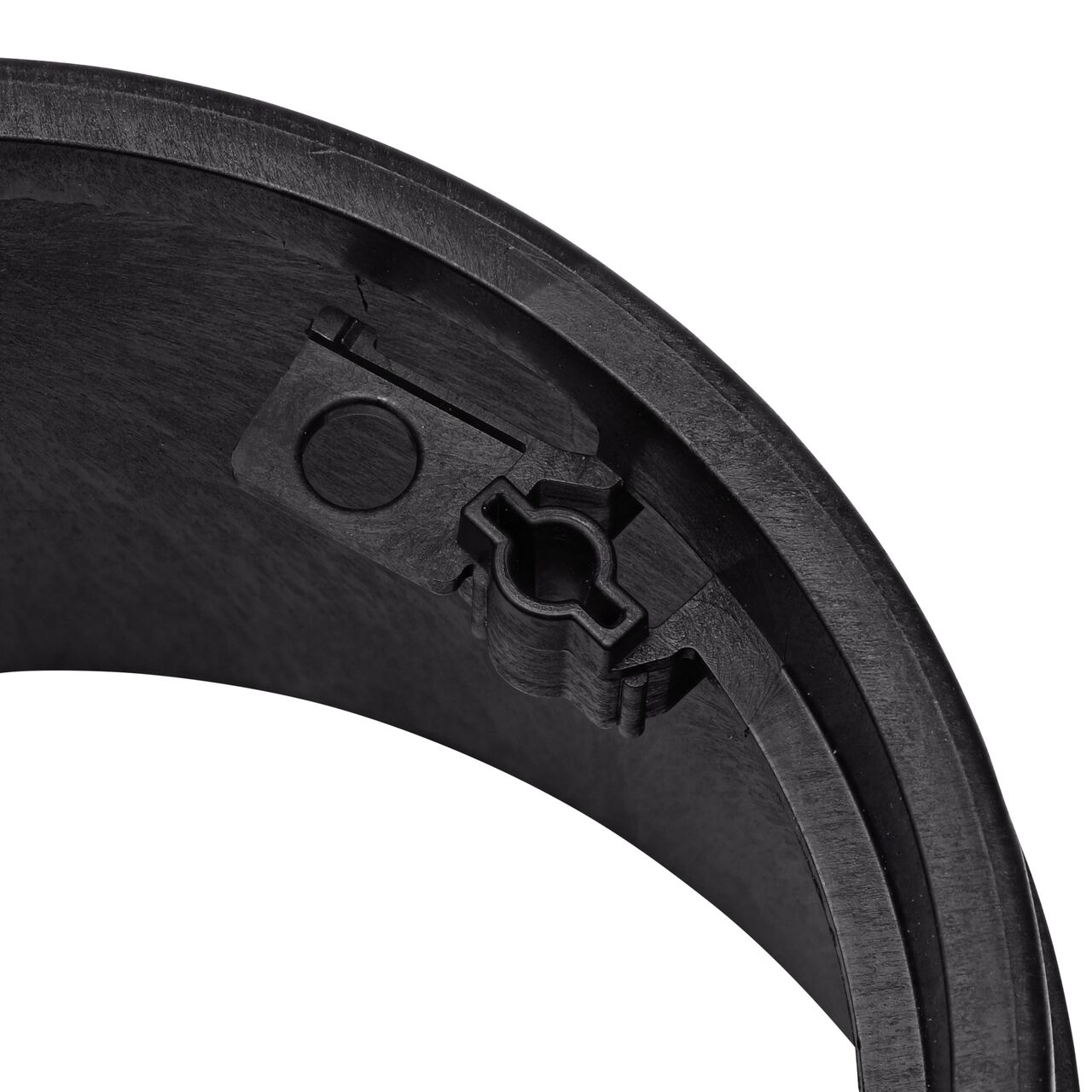 Closeup view on the bolt hole on the NDS black plastic 10 in. Round Standard Series Valve Box (NDS 111B)