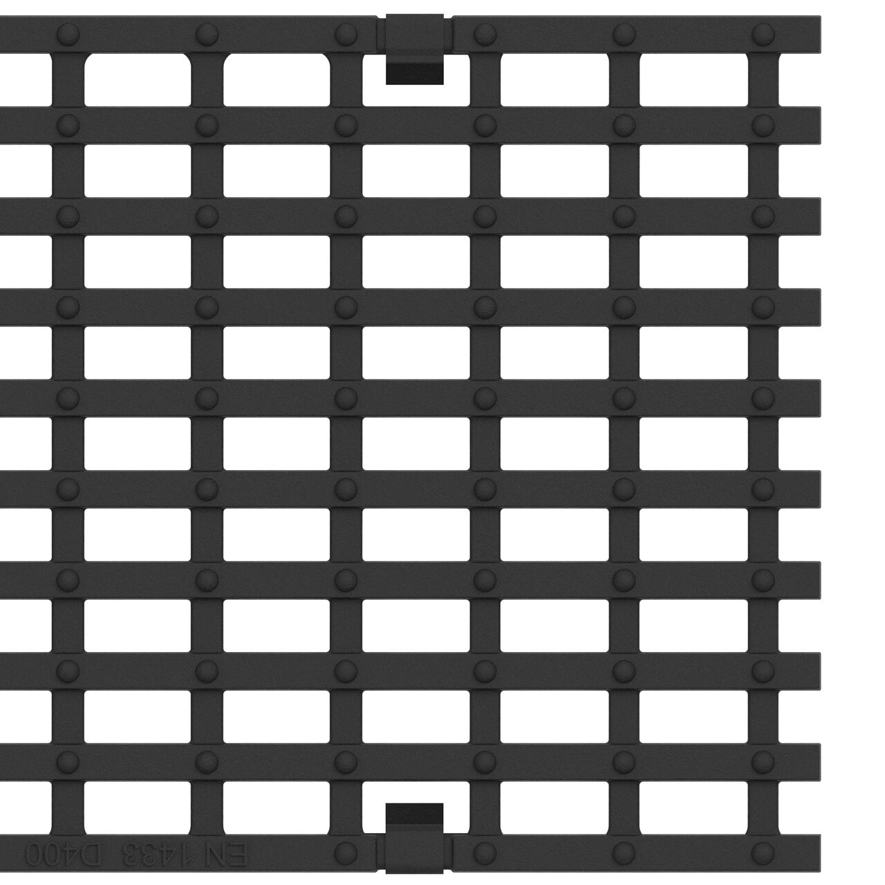 Closeup view of the end on the class D load ductile iron bar design BG-FILCOTEN® 200 Trench Drain Grate (NDS 17020104) showing clips