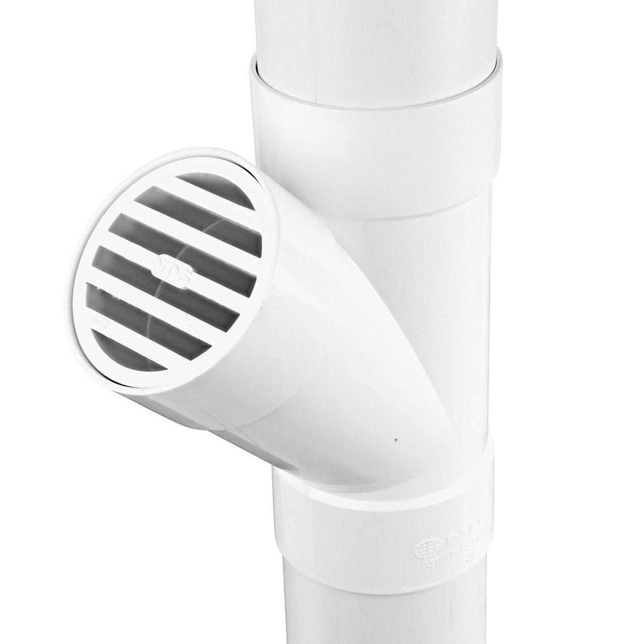 3 in. S&D pipe attached to either end of the hub and a grate (NDS 9P12) attached to the middle hub of the NDS 3 in. PVC Sewer and Drain 45° Wye (NDS 3P08*, NDS 3P08)