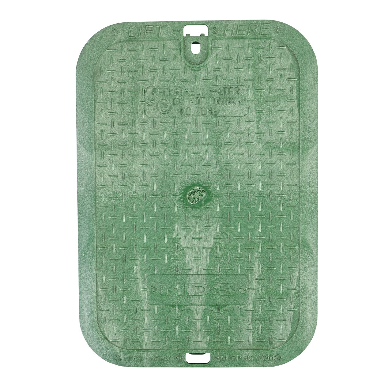 Top down view of the top side of the Green Reclaimed Water Overlapping cover (NDS 313CRG) for the NDS 14 in. X 19 in. Rectangular Pro-Spec® Series