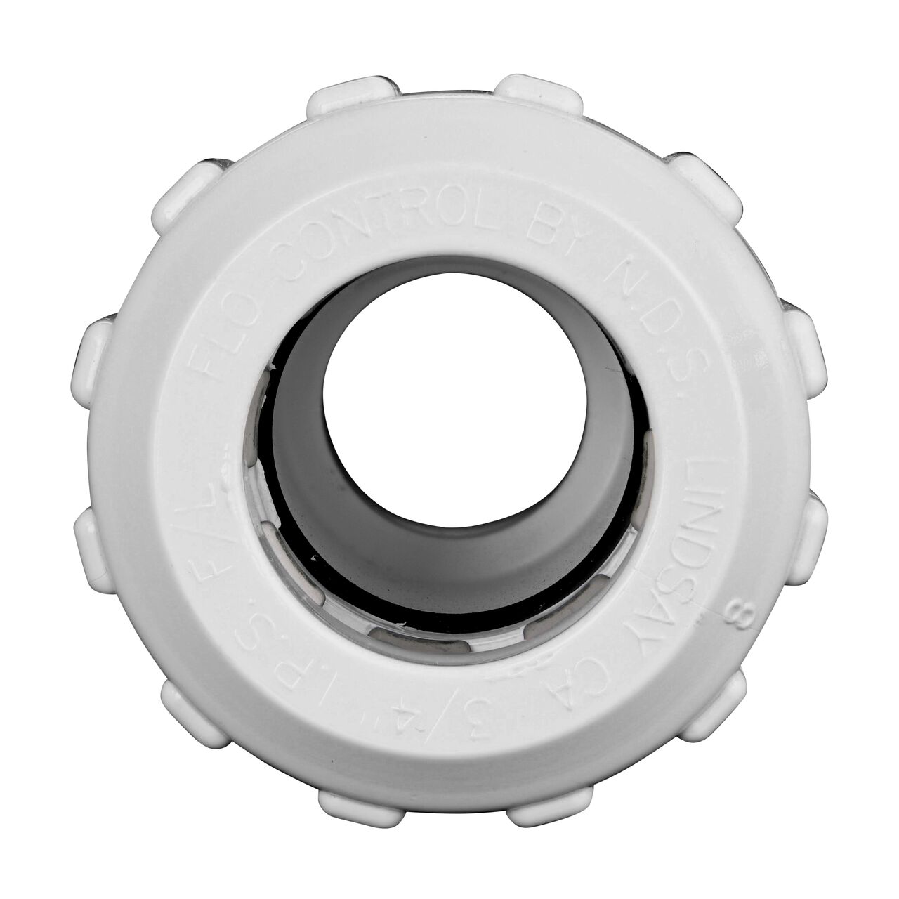 Front facing view showing the gripper teeth and black O-Ring inside the NDS 3/4 in. IPS Flo-Lock™ PVC Gripper Adapter (NDS 136-07)
