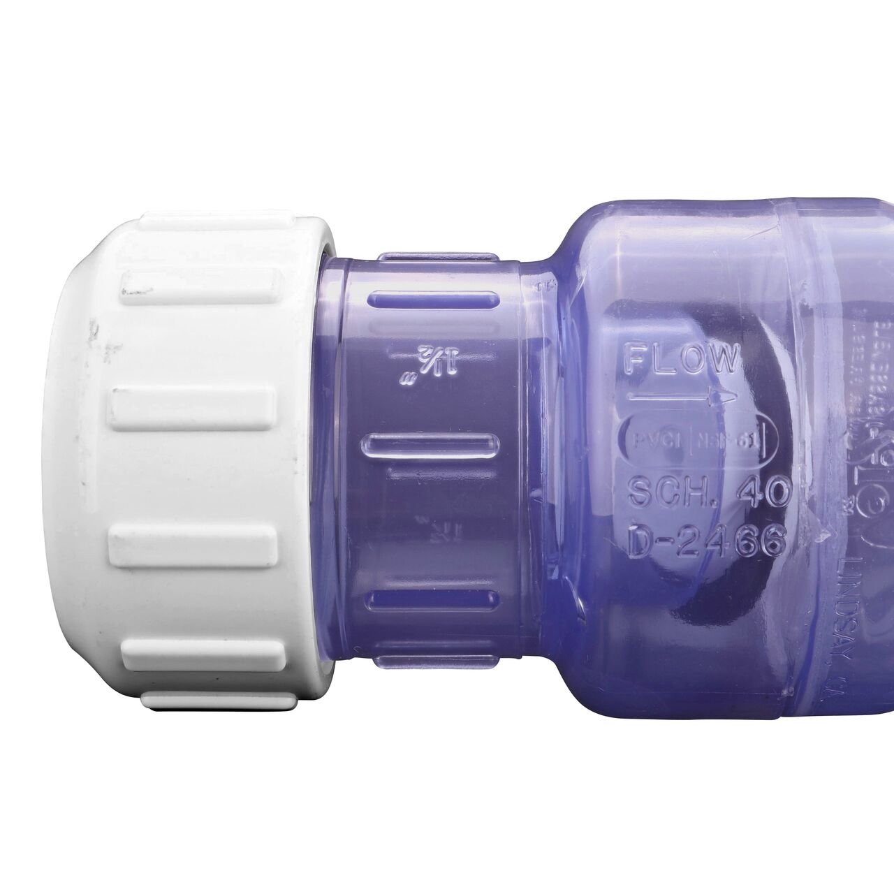 Closeup of the arrow showing water flow on the NDS Clear 1-1/2 in. compression fitting end by compression fitting end PVC Compression Swing Check Valve (NDS 1500C15)