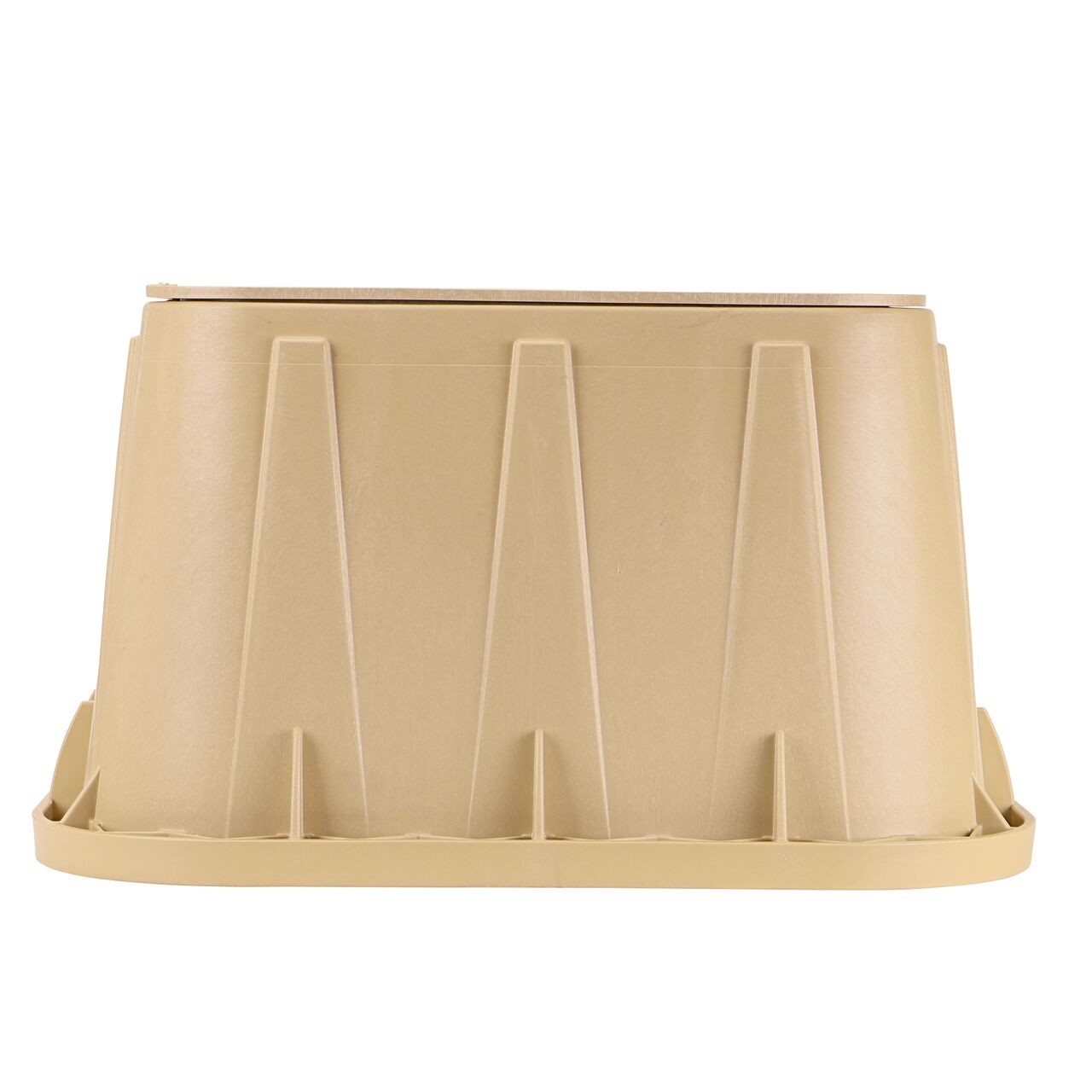 Side view of the longer length side of the NDS 14 in. X 19 in. Rectangular Pro-Spec® Series Valve Box & irrigation control valve Cover (NDS 314BCBSAND) which is engineered for superior strength with structural reinforcing ribs