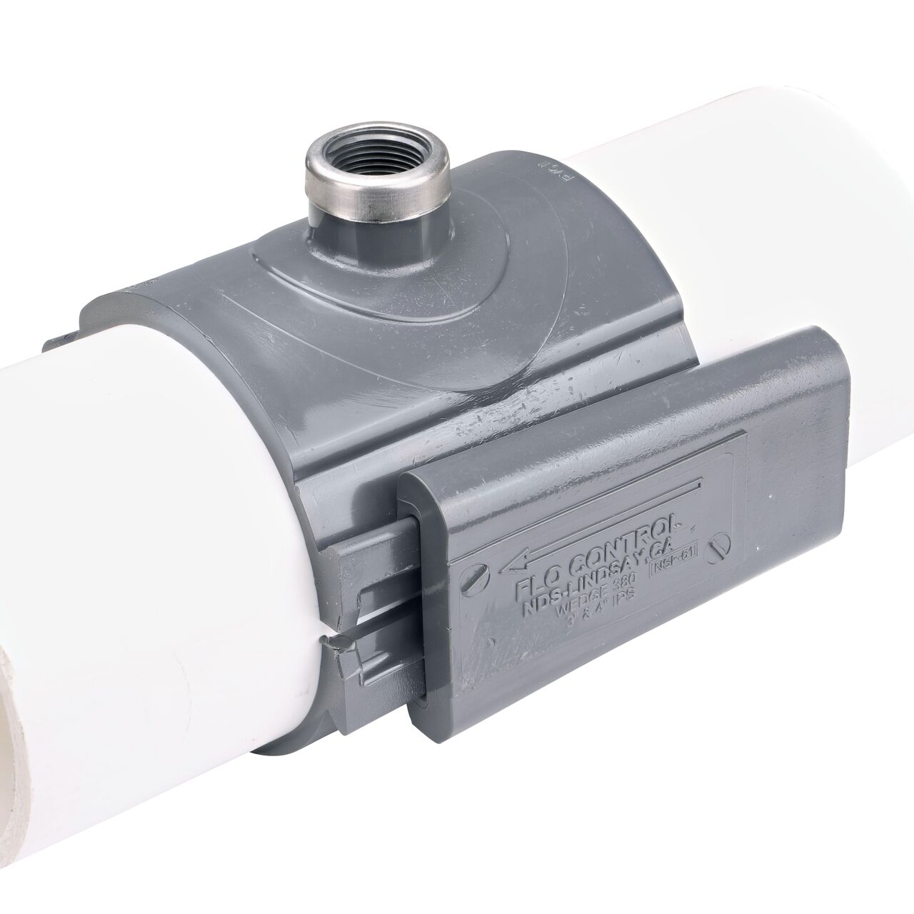 The NDS Clamp-It™ Rigid PVC Saddle with 3/4 in. FPT connection on top (NDS 444007) installed onto 4 in. PVC pipe with the wedge closure fully secure