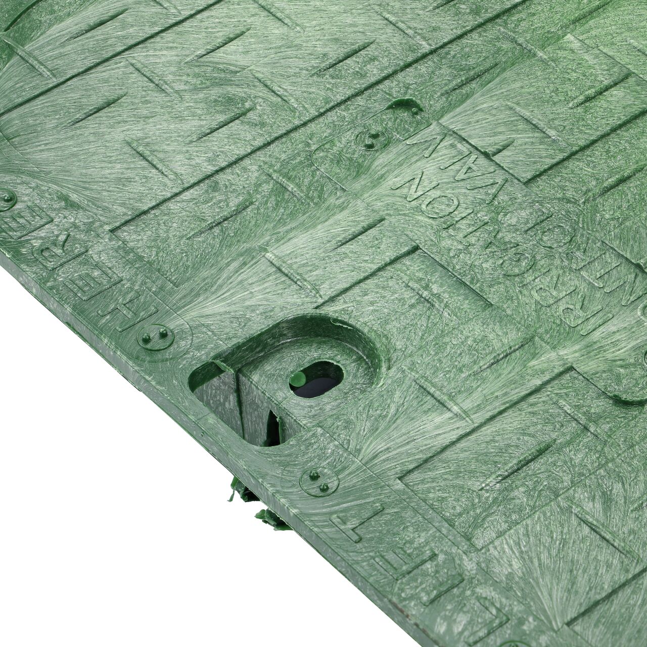 Closeup view of the locking mechanism and bolt hole on the Irrigation Control Valve cover (NDS 317C) for the NDS 13 in. X 20 in. Rectangular Pro-Spec® Series Valve Box