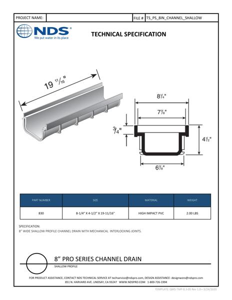NDS 8 in. Pro Series™ Channel Drain Shallow Profile Tech Spec