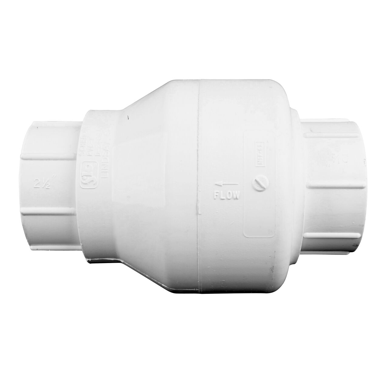 Side to side view Slope end to the left of the NDS 2-1/2 in. IPS Slip Spring Check Valve (NDS 1012-25, NDS 1015-25)