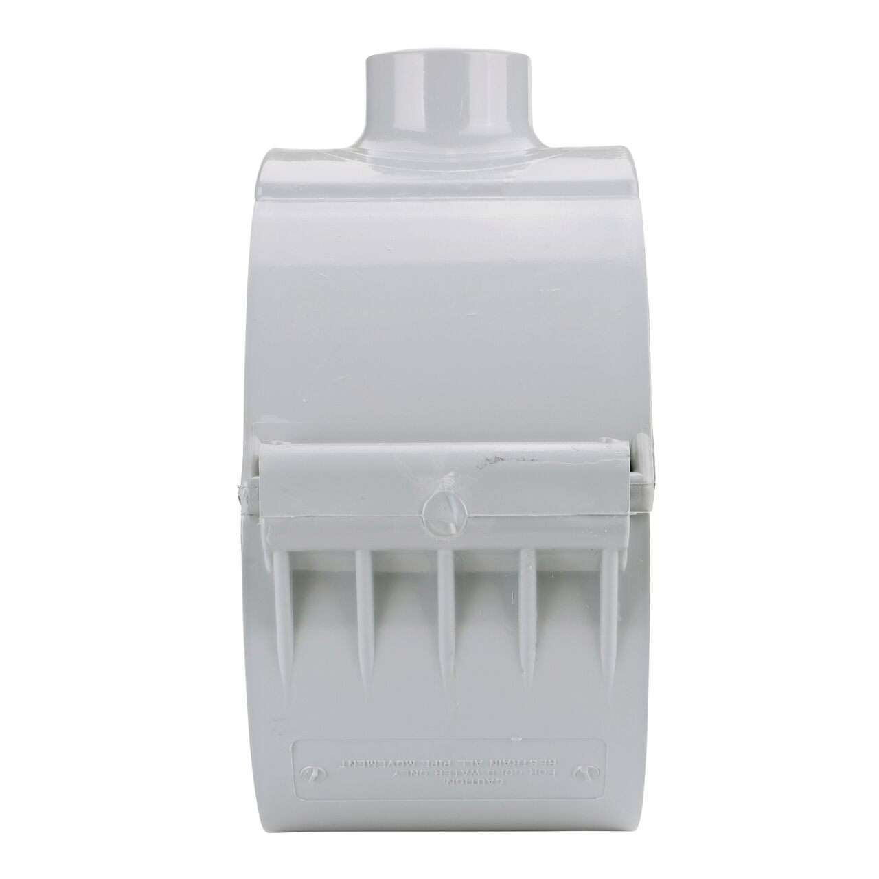 Side view showing hinged side of the NDS Clamp-It™ Rigid PVC Saddle with 1-1/2 in. slip connection on top (NDS 458015) for 8 in. PVC pipe