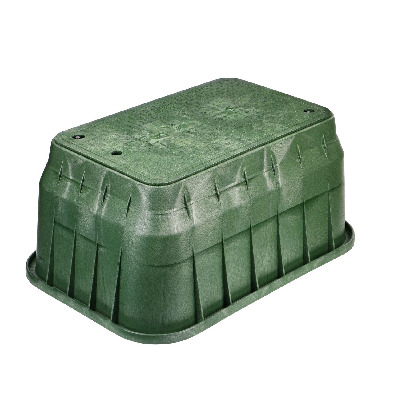 The NDS 17 in. X 30 in. Rectangular Pro-Spec® Series Valve Box and Cover with bolts is a 18 in. high Green Box and Green Cover with Irrigation Control Valve markings on the overlapping lid (NDS 326BCB) and protects underground irrigation and sprinkler system components and keeps them out of sight