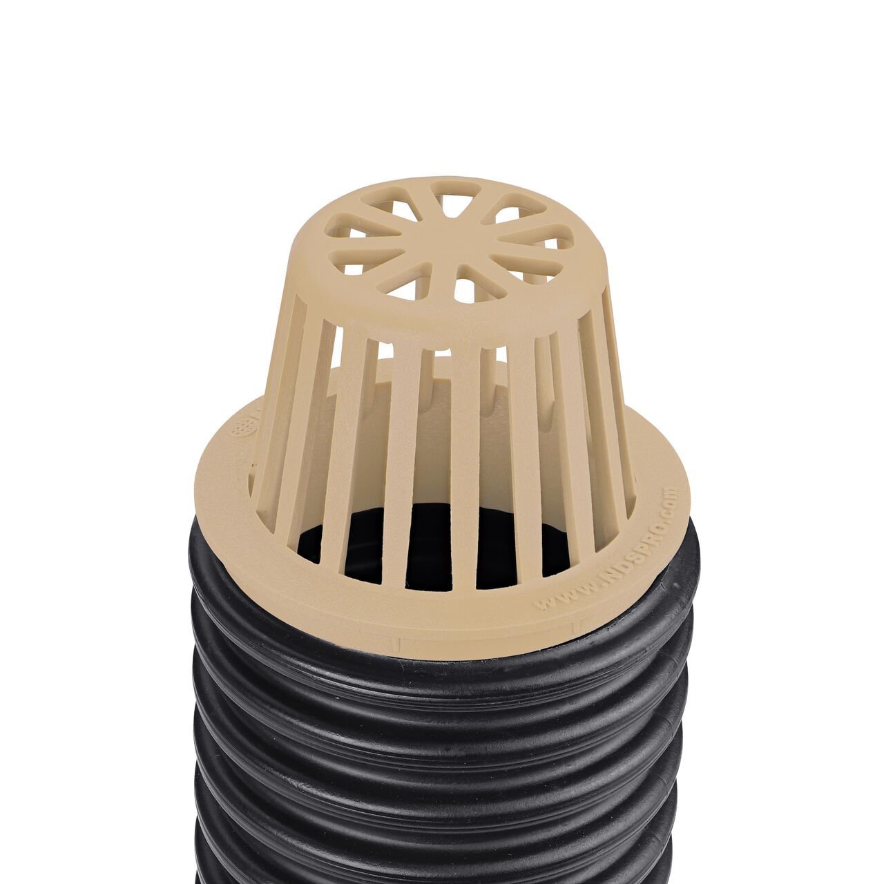 NDS Sand Plastic 4 in. Atrum Grate (NDS 78S) installed on 4 in. Single-Wall Corugated Pipe