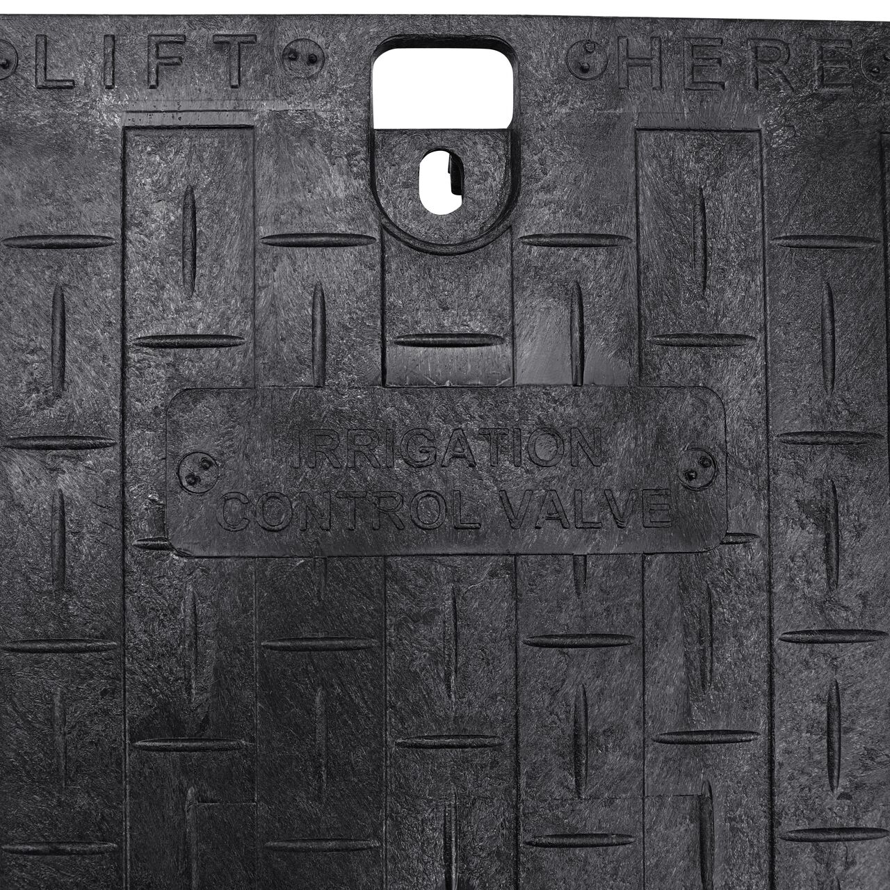Closeup view of the Irrigation Control Valve markings on the Black Irrigation Control Valve cover for the NDS 13 in. X 20 in. Rectangular Pro-Spec® Series Jumbo Valve Box and Cover (NDS 317BCBBLK)