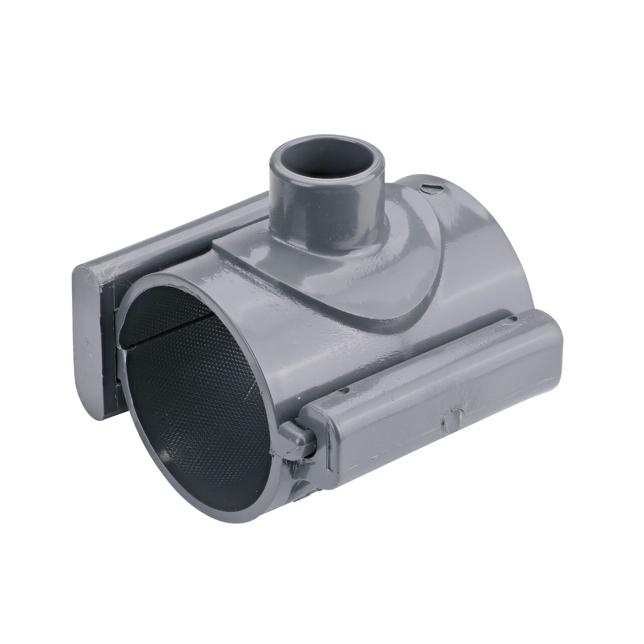 The NDS Clamp-It™ Rigid PVC Saddle with 1 in. slip connection on top (NDS 453010) for 3 in. PVC pipe has a patented wedge design on one side and hinge on the other to install a sprinkler irrigation system to existing pipe without any bolts