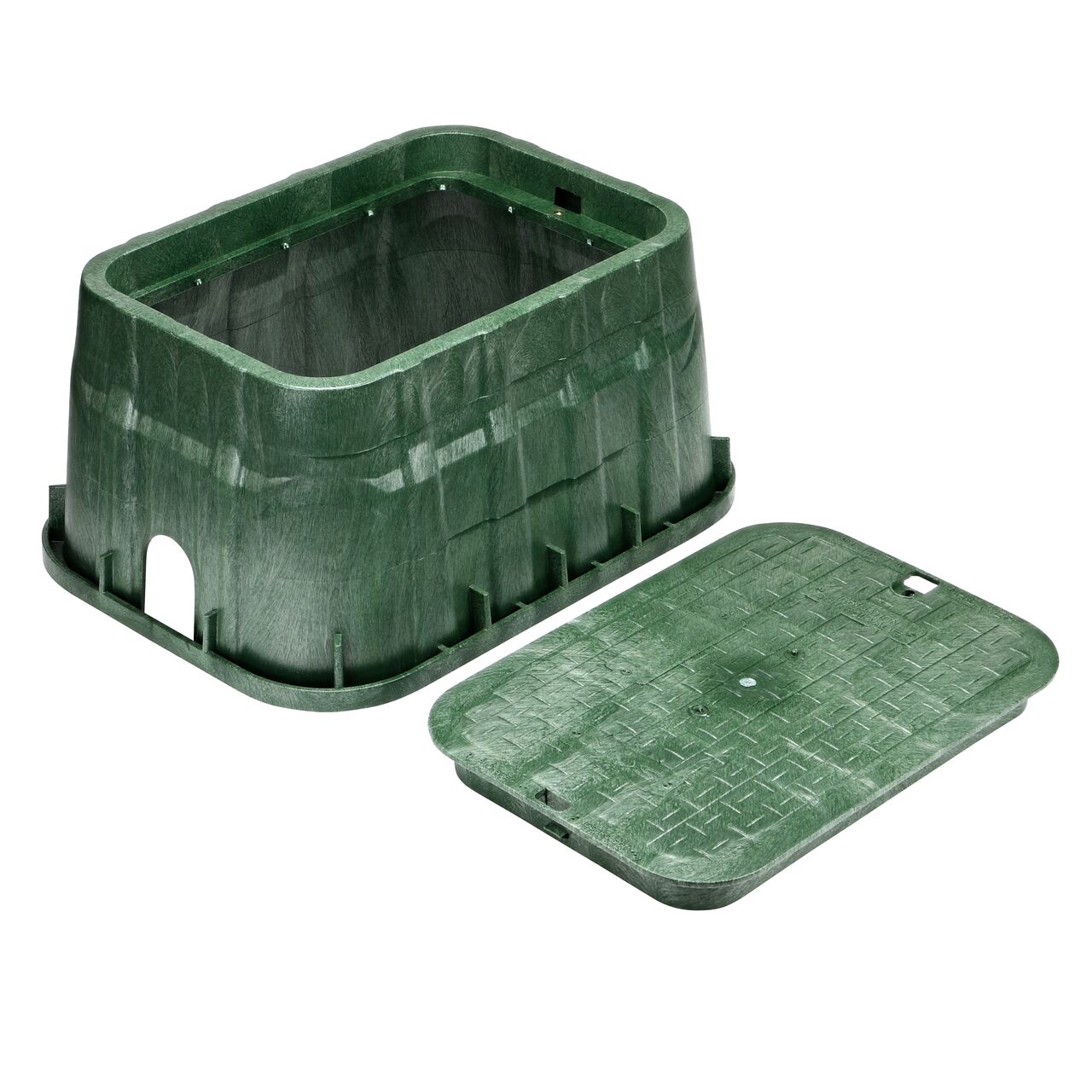 Unassembled View of the NDS 13 in. X 20 in. Green Rectangular Pro-Spec® Series jumbo valve box and Green Irrigation Control Valve cover (NDS 318BC)