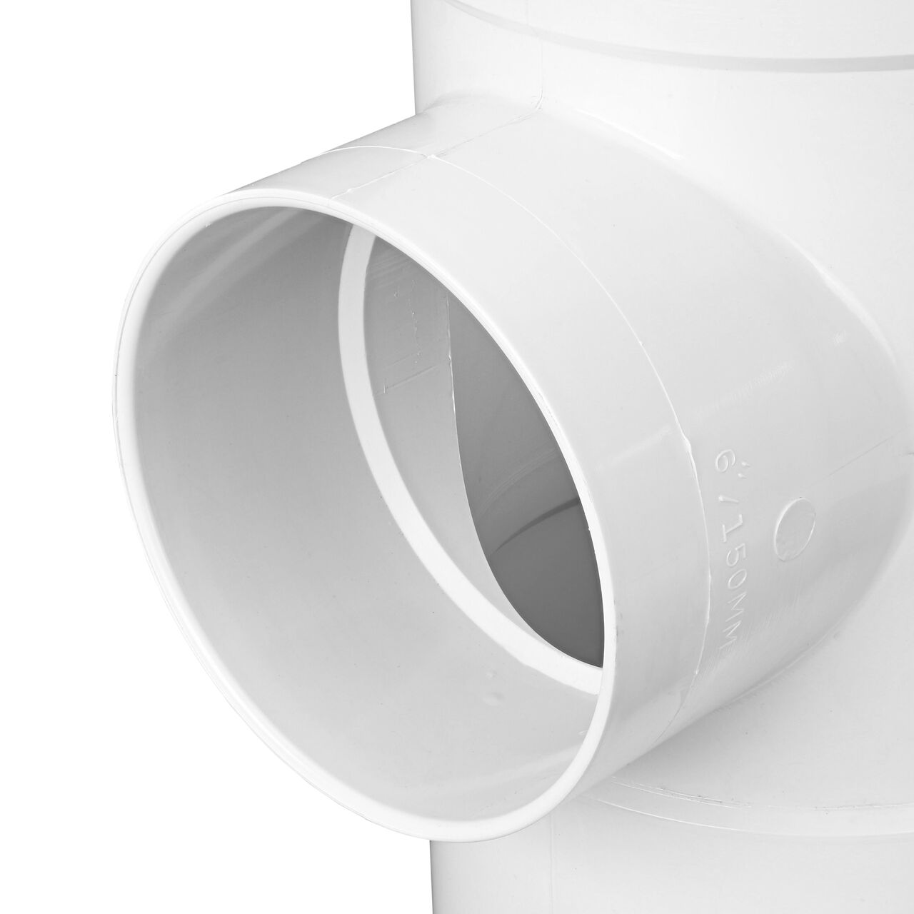 Closeup of the inner lip of the PVC tee for Sewer and Drain pipes; 8 in. Hub X Hub X 6 in. Hub connection (NDS 86P01)