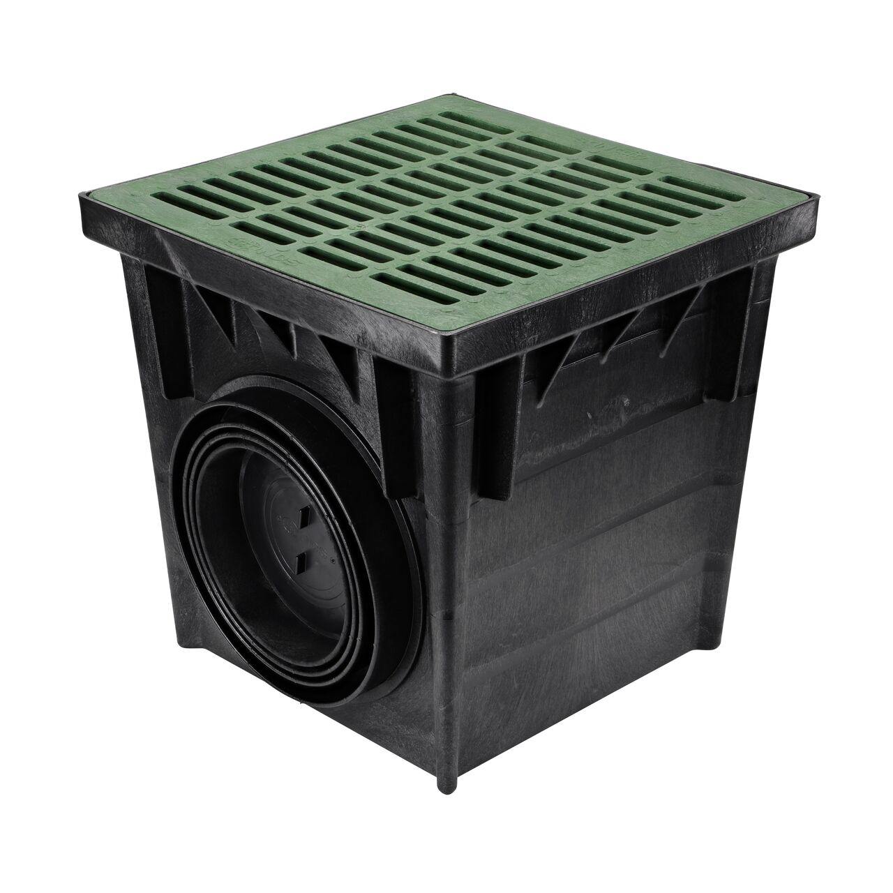 Black plastic 24 in. Catch Basin Drain Kit (NDS 2400GRKIT) set up with a green grate (NDS 2412), adapter (NDS 2410) that connects to 10 & 12  in. drainage pipes, and adapter (NDS 2410) and plug (NDS 1206)