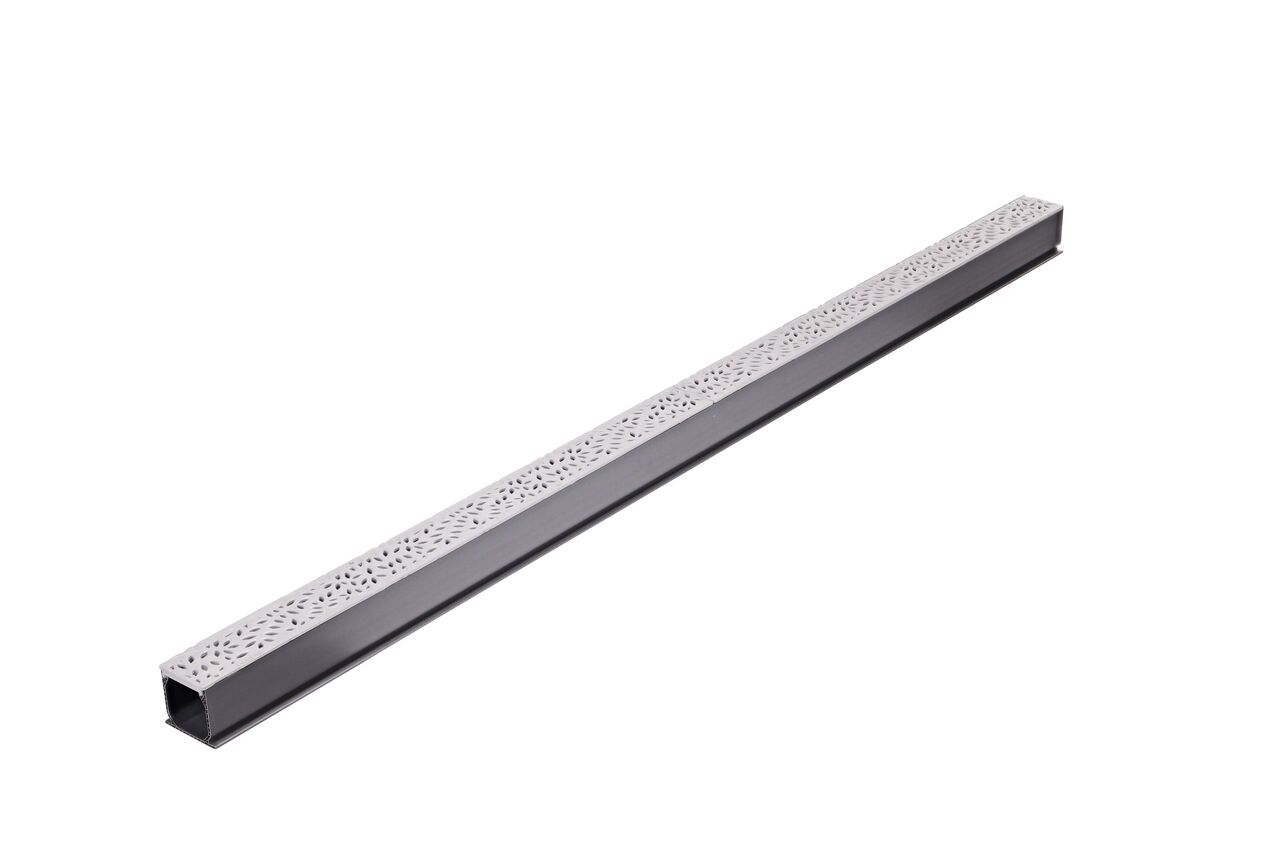 Two Gray Botanical Design Plastic Mini Channel™ Drain Grates (NDS 554GY) as they fit on one Mini Channel™ Drain (NDS 500)