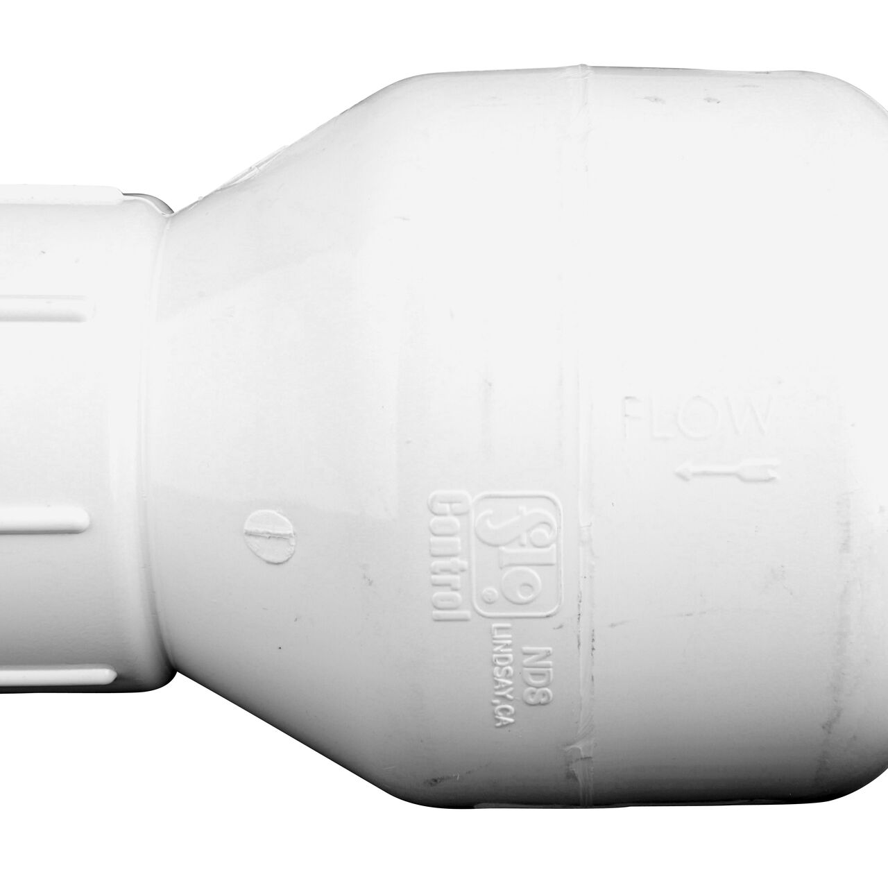 Closeup of the arrow showing water flow on the NDS White 2 in. IPS FPT X FPT PVC Adjustable Spring Check Valve with 1-3/4-14-1/2 lb. Spring (NDS 1205-20)
